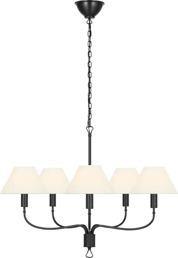 The Griffin chandelier combines traditional elegance with artisanal craftsmanship. Bronze framework paired with chocolate leather accents and linen shades creates a warm, refined aesthetic perfect for formal and casual spaces alike. - alternate view