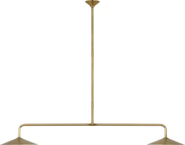 The Ponce linear pendant delivers commanding presence with its 62-inch span and hand-rubbed antique brass finish. Perfect for large dining tables and kitchen islands, this fixture combines transitional elegance with contemporary clean lines.