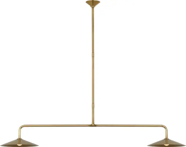 The Ponce linear pendant delivers commanding presence with its 62-inch span and hand-rubbed antique brass finish. Perfect for large dining tables and kitchen islands, this fixture combines transitional elegance with contemporary clean lines. - alternate view
