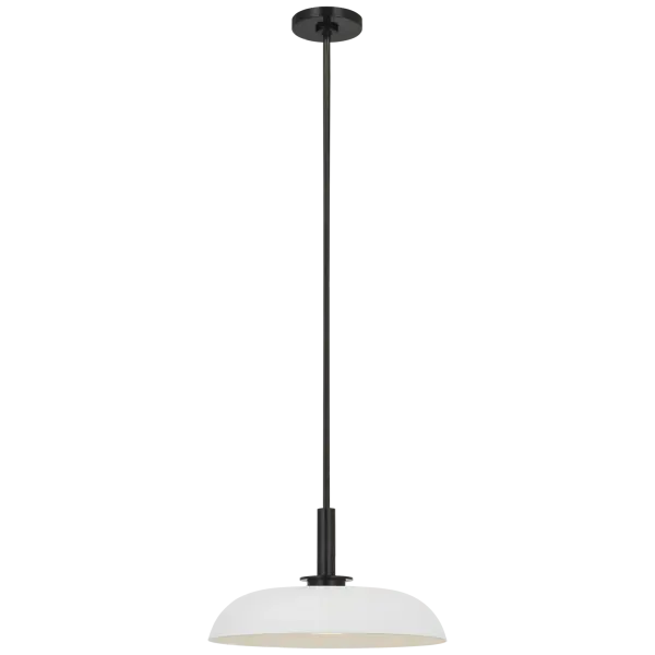 The Cyrus 16" pendant combines bronze and matte white finishes with white glass for a refined transitional look. Its medium scale makes it versatile for dining areas, kitchen islands, and entryways.
