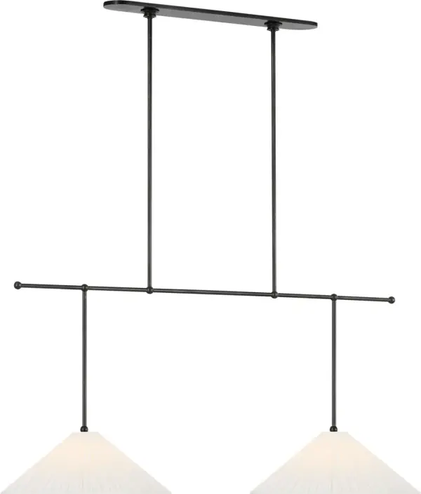 The Soren 54" linear chandelier combines classic bronze metalwork with sophisticated silk pleated shades, creating a refined lighting solution for large dining spaces and kitchen islands.