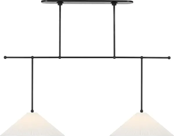 The Soren 54" linear chandelier combines classic bronze metalwork with sophisticated silk pleated shades, creating a refined lighting solution for large dining spaces and kitchen islands. - alternate view