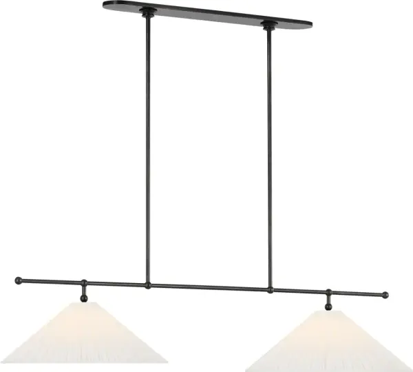 The Soren 54" Linear Chandelier combines classic bronze metalwork with sophisticated silk pleated shades, creating a refined lighting solution perfect for dining rooms and kitchen islands. Its substantial 54-inch length provides excellent illumination coverage while maintaining an elegant, uncluttered profile that complements both traditional and contemporary interiors.