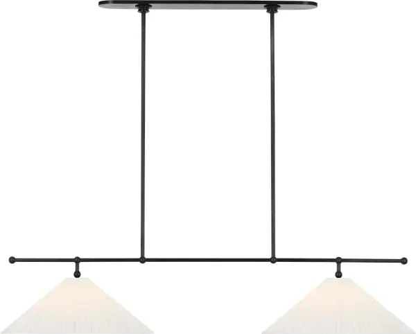 The Soren 54" Linear Chandelier combines classic bronze metalwork with sophisticated silk pleated shades, creating a refined lighting solution perfect for dining rooms and kitchen islands. Its substantial 54-inch length provides excellent illumination coverage while maintaining an elegant, uncluttered profile that complements both traditional and contemporary interiors. - alternate view