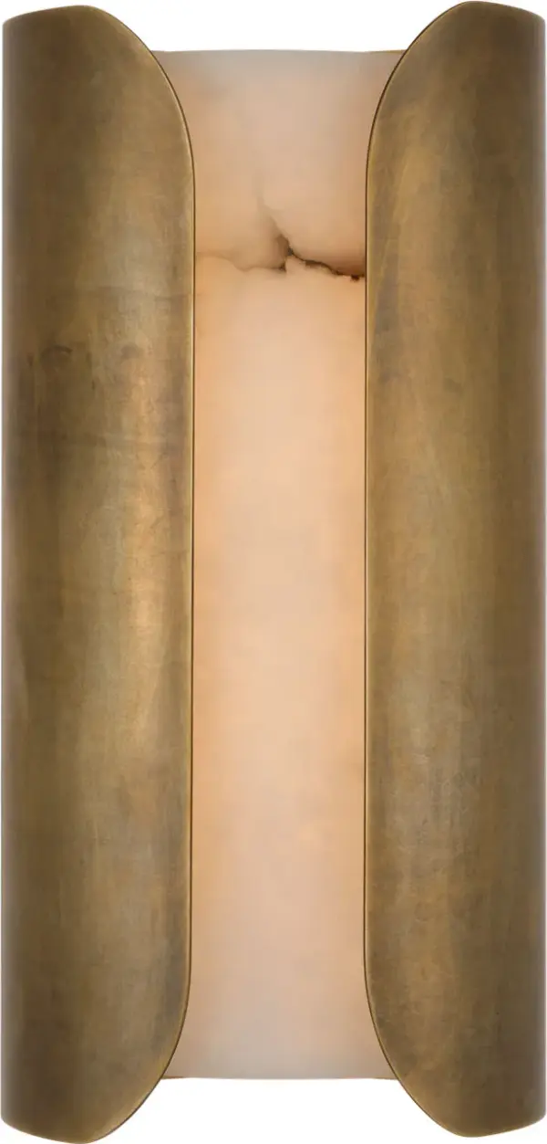 The Armise sconce combines sophisticated mottled brass metalwork with luminous alabaster for a refined wall lighting solution. At 14 inches, it provides substantial presence while maintaining versatility across residential and hospitality settings.