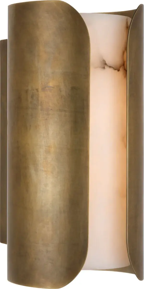 The Armise sconce combines sophisticated mottled brass metalwork with luminous alabaster for a refined wall lighting solution. At 14 inches, it provides substantial presence while maintaining versatility across residential and hospitality settings. - alternate view