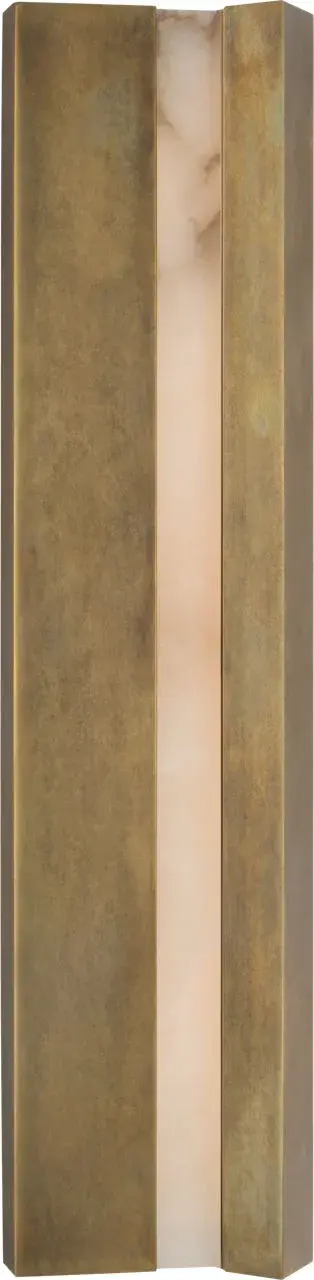 The Austera sconce makes a bold architectural statement with its impressive 32-inch scale and luxurious mottled brass finish. Natural alabaster diffuses light beautifully, creating warm ambiance in grand spaces.