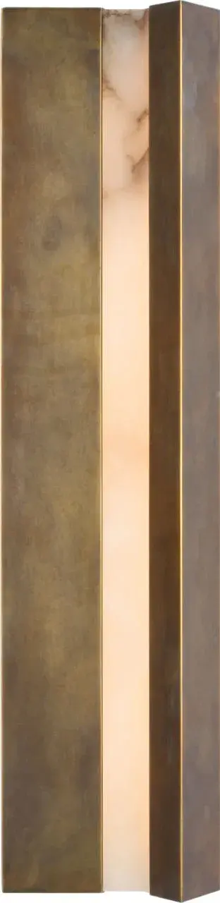 The Austera sconce makes a bold architectural statement with its impressive 32-inch scale and luxurious mottled brass finish. Natural alabaster diffuses light beautifully, creating warm ambiance in grand spaces. - alternate view