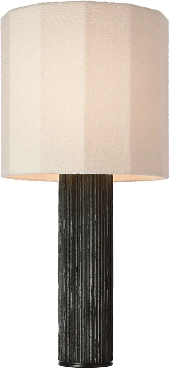The Fumar table lamp combines a striking ridged carbon ceramic base with a soft bouclé shade, creating a perfect balance of texture and form. At 29" tall, it makes a bold statement while maintaining versatility. - alternate view