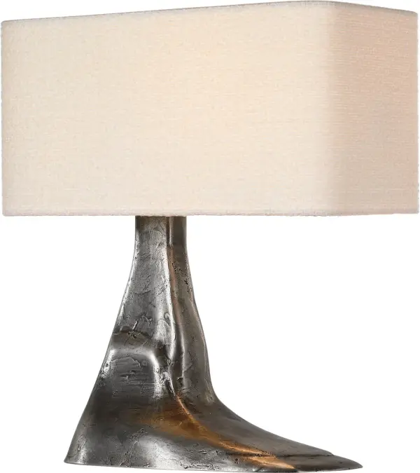 The Terra-Forma table lamp brings artistic sophistication with its sculptural metal base in museum pewter finish paired with a textured boucle shade. At 23" height, it makes a statement without overwhelming spaces.