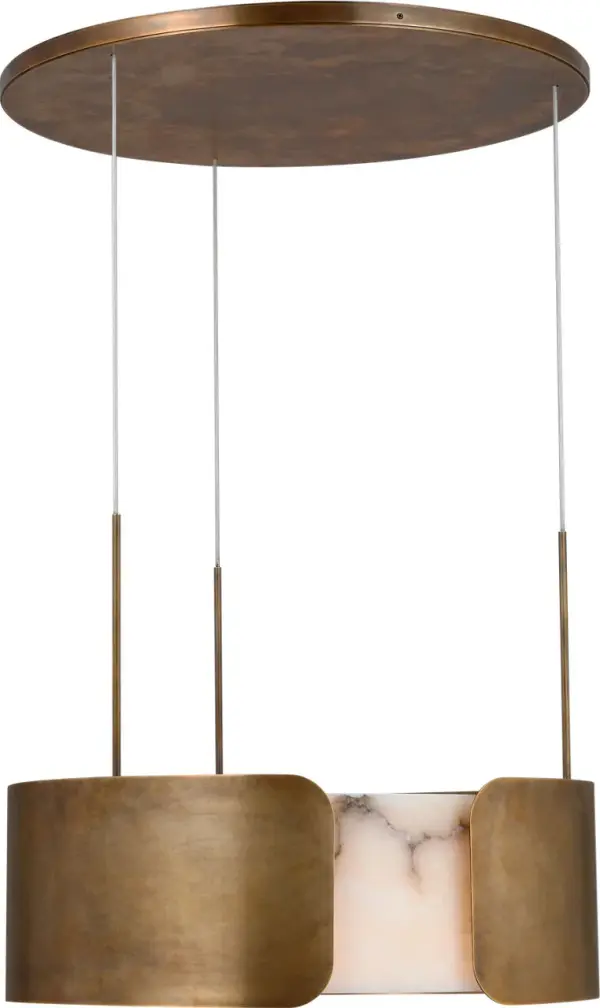 The Armise 28" Drum Chandelier combines transitional elegance with contemporary clean lines. Its mottled brass finish adds warmth and character, while the alabaster shade diffuses light beautifully for ambient illumination. - alternate view