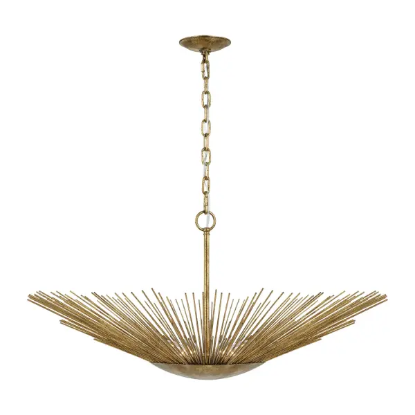 The Helios pendant by Alexa Hampton delivers dramatic visual impact with its sun-inspired design and hand-applied gold leaf finish. Each hand-cut and hand-welded brass layer creates exceptional texture and light diffusion, making it a showstopping centerpiece for dining rooms and entryways.