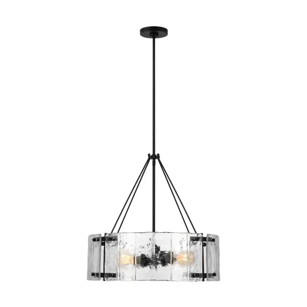 Alexa Hampton's Calvert chandelier delivers refined simplicity with clear textured glass and softly rounded corners. The aged iron finish adds warmth while maintaining a crisp, contemporary profile perfect for modern traditional spaces.