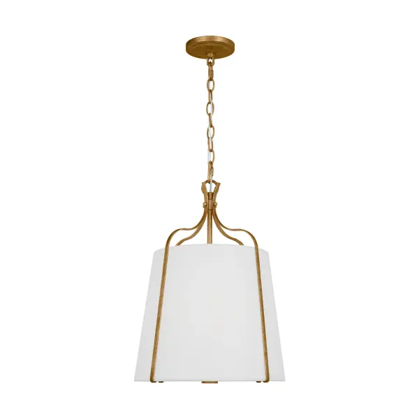 The Leander Pendant by Alexa Hampton combines a beautifully structured iron frame with a soft white linen barrel shade, creating a modern interpretation of classic lantern design. Its compact 14.25-inch size makes it versatile for various spaces while maintaining an open, airy aesthetic.