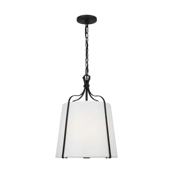 The Leander Pendant by Alexa Hampton combines structural iron framework with a soft linen barrel shade for a refined transitional look. Its open, airy design provides excellent light diffusion while maintaining visual interest.