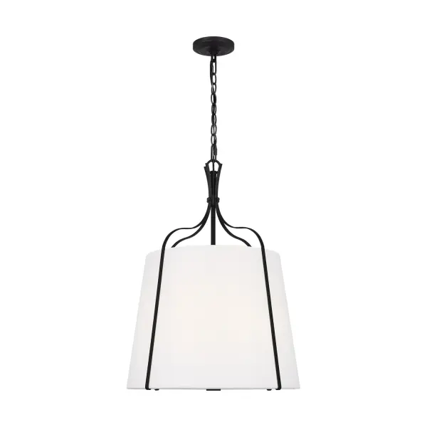 The Leander Pendant by Alexa Hampton balances structural presence with refined elegance. Its iron frame wrapped in a white linen shade creates warm, diffused light perfect for intimate dining or welcoming entryways.