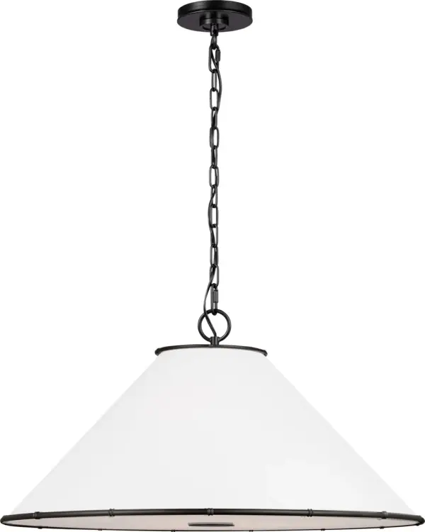 The Aldric Large Pendant combines aged iron craftsmanship with a substantial hanging shade design, perfect for making a statement in dining areas and kitchen islands. Its industrial aesthetic pairs beautifully with both modern and transitional interiors. - alternate view