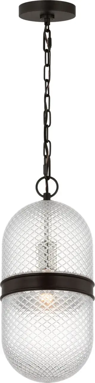 The Lucinda 8" Pendant masterfully blends historical design with modern industrial elegance. Its pill-shaped clear glass and refined metal band create a sculptural presence perfect for intimate spaces. - alternate view