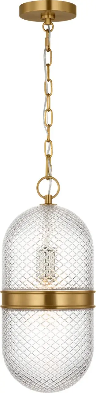 The Lucinda 8" Pendant masterfully blends historical design with modern industrial elegance. Its pill-shaped clear glass and refined brass detailing create a sculptural presence perfect for intimate spaces.
