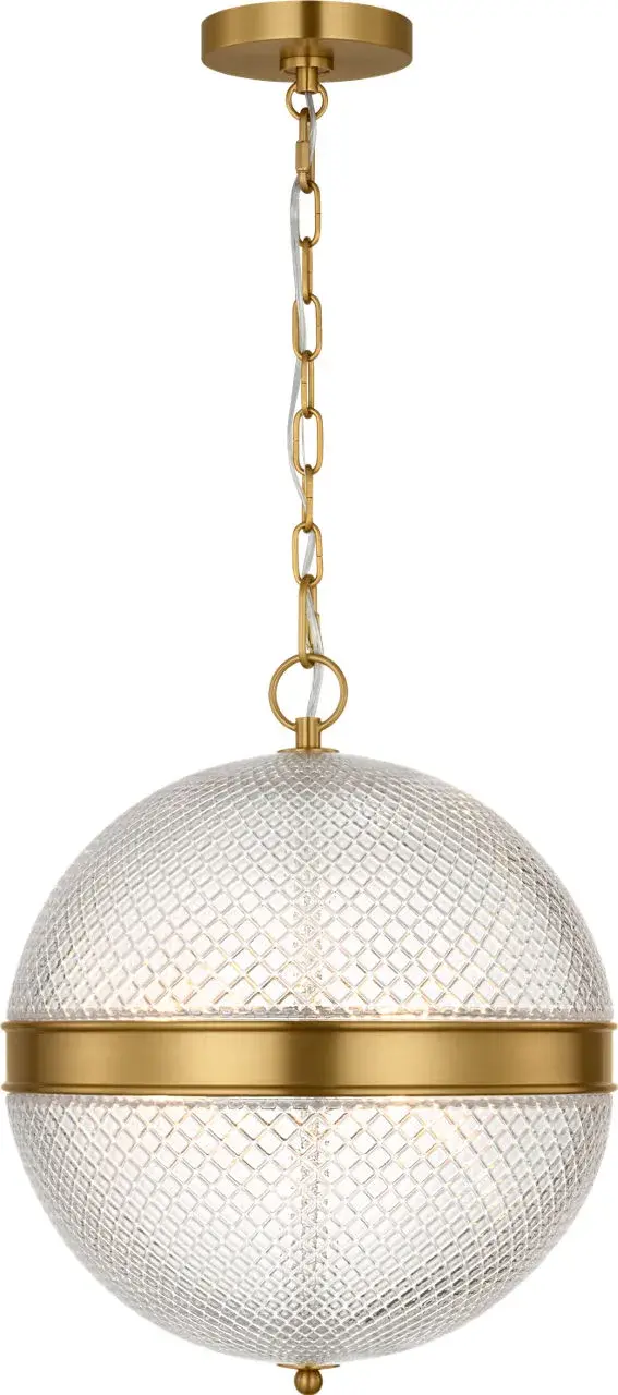 The Lucinda 15" Pendant by Alexa Hampton combines richly textured clear glass with refined brass detailing and elegant chain suspension. Its balanced 15" scale offers versatile placement across multiple rooms while delivering luminous presence and quiet sophistication.