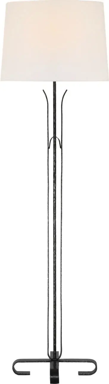 The Olivette floor lamp combines artisanal forged metalwork with a classic linen shade, creating a statement piece that bridges traditional craftsmanship and modern design sensibilities.