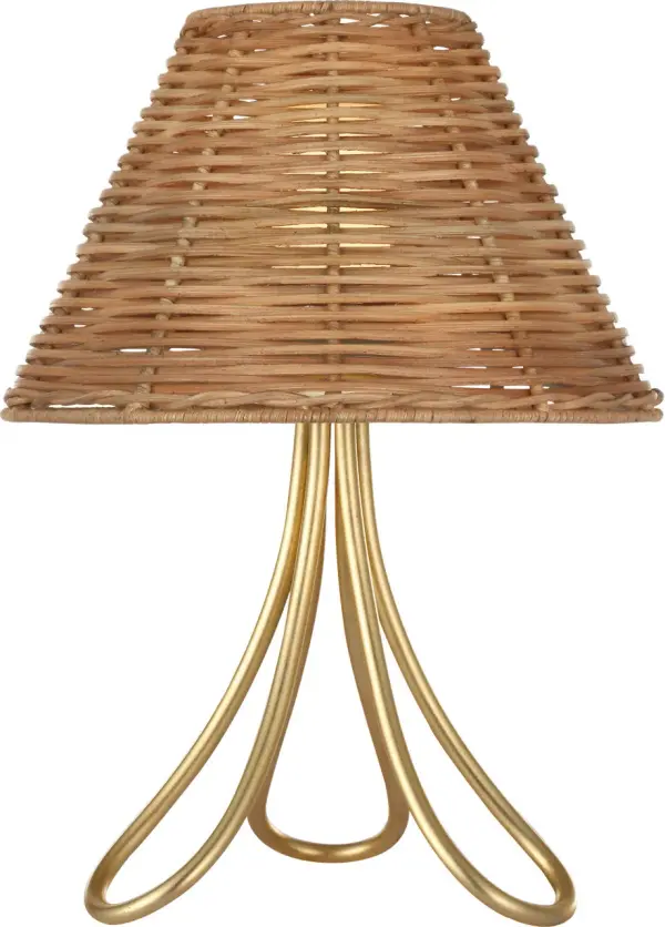 The Jeanne cordless accent lamp combines gilded elegance with natural wicker texture, offering portable lighting freedom. At 13" tall, it's perfect for creating ambient lighting anywhere without cord constraints.