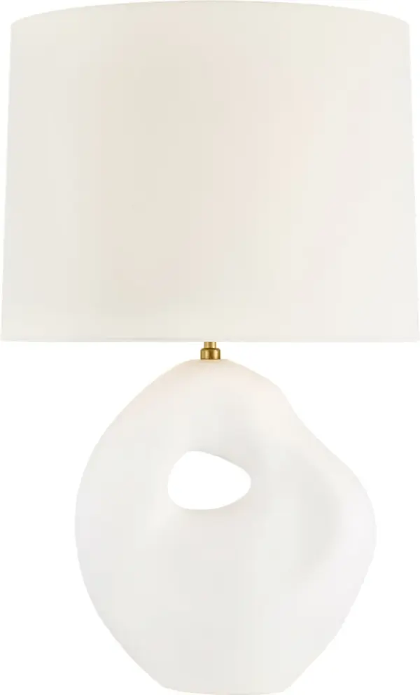 The Adria cordless table lamp combines sophisticated design with modern convenience. Its plaster white ceramic base and linen shade create a refined aesthetic, while cordless functionality offers placement flexibility. - alternate view