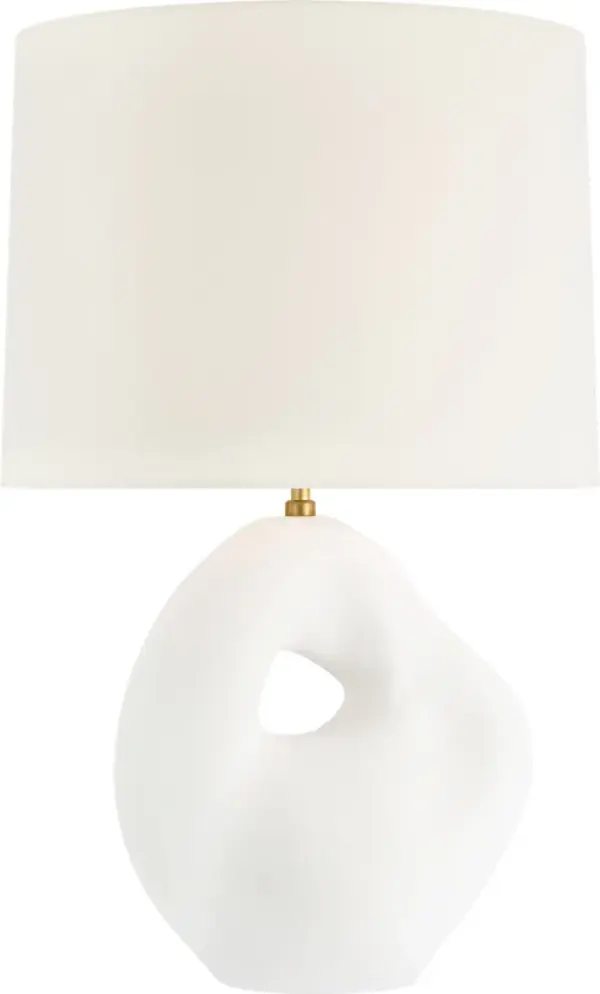 The Adria table lamp combines classic form with contemporary texture through its plaster white ceramic base and natural linen shade. At 25" tall, it provides substantial presence while maintaining versatility across traditional and modern interiors. - alternate view