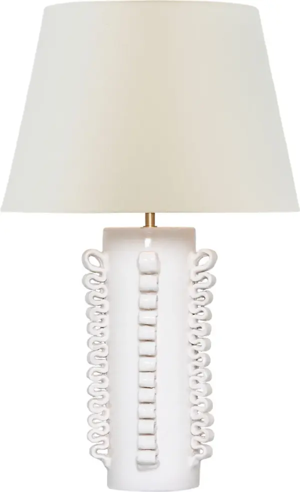 The Amandine table lamp features a distinctive glossy white crackle ceramic base paired with a classic linen shade. At 25" tall, it provides substantial presence while maintaining versatility across traditional and contemporary interiors. - alternate view