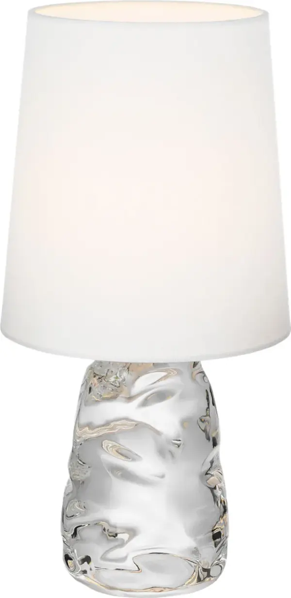 The Lupin cordless accent lamp combines the classic beauty of clear glass with modern wireless convenience. Its 16" height and linen shade create warm, ambient lighting perfect for any surface without cord constraints. - alternate view