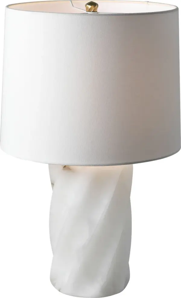 The Ripley table lamp features a stunning twisted alabaster base with natural stone veining, topped with a classic linen shade. At 25" tall, it provides sophisticated ambient lighting with organic elegance. - alternate view
