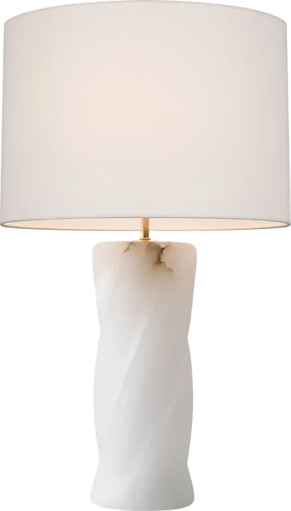 The Ripley table lamp features a stunning twisted alabaster base with natural stone veining, creating an organic sculptural presence. The neutral linen shade provides soft, diffused light perfect for ambient illumination. - alternate view