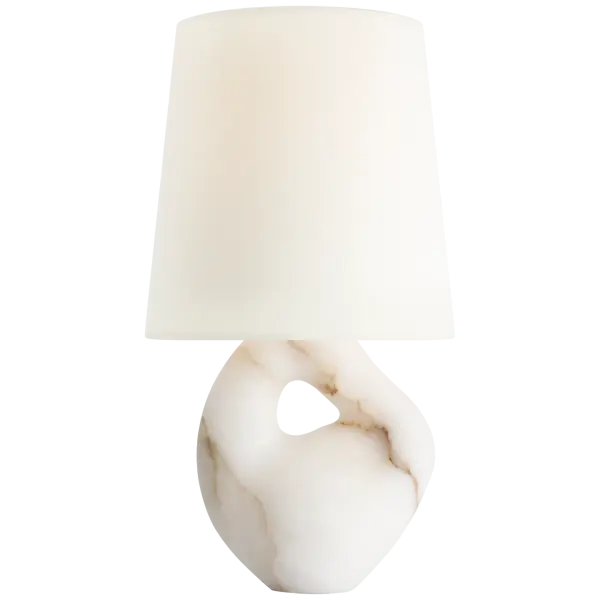 The Adria table lamp showcases the timeless beauty of natural alabaster stone paired with a classic linen shade. At 16 inches, it provides sophisticated ambient lighting perfect for bedside tables and living spaces. - alternate view