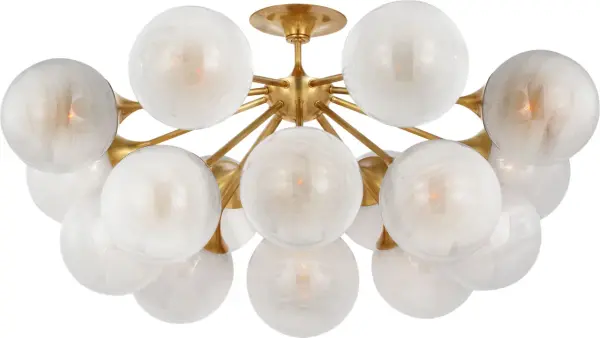 The Cristol 43" flush mount by AERIN delivers dramatic illumination for larger spaces with its oversized profile and hand-blown strié glass globes. The sculptural antique brass finish adds refined elegance.