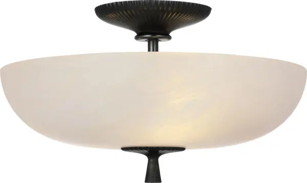 The Pascal 14" semi-flush mount combines classic bronze metalwork with natural alabaster for a sophisticated lighting solution. Its transitional design bridges traditional and contemporary aesthetics.