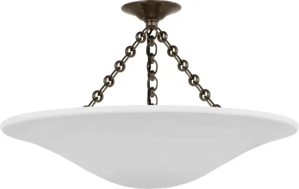The Mollino semi-flush mount combines refined bronze metalwork with a soft plaster white shade, delivering ambient lighting perfect for medium-sized spaces with standard ceiling heights.