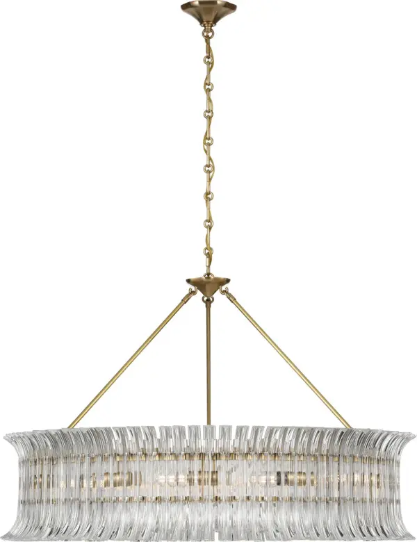 The Rhine 36" Ring Chandelier combines timeless elegance with contemporary design. Its hand-rubbed antique brass finish and crystal accents create a sophisticated focal point perfect for formal dining rooms and grand entryways.