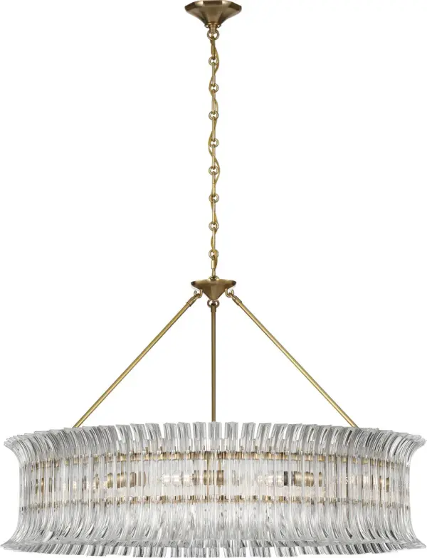 The Rhine 36" Ring Chandelier combines timeless elegance with contemporary design. Its hand-rubbed antique brass finish and crystal accents create a sophisticated focal point perfect for formal dining rooms and grand entryways. - alternate view