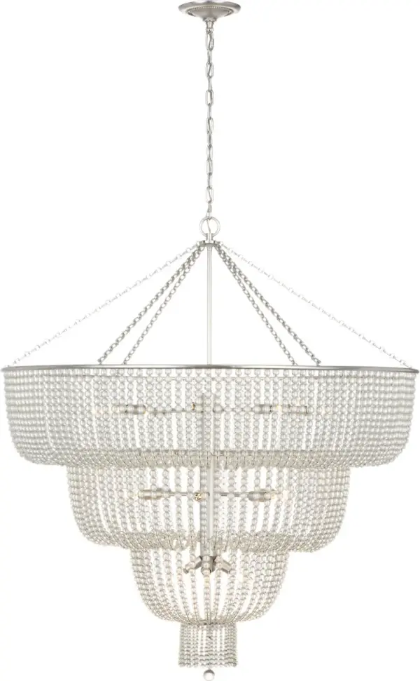 The Jacqueline 46" Basket Chandelier combines traditional basket weaving with refined silver leaf finish and clear glass accents. Its substantial 46-inch diameter makes it perfect for large dining rooms and grand entryways.
