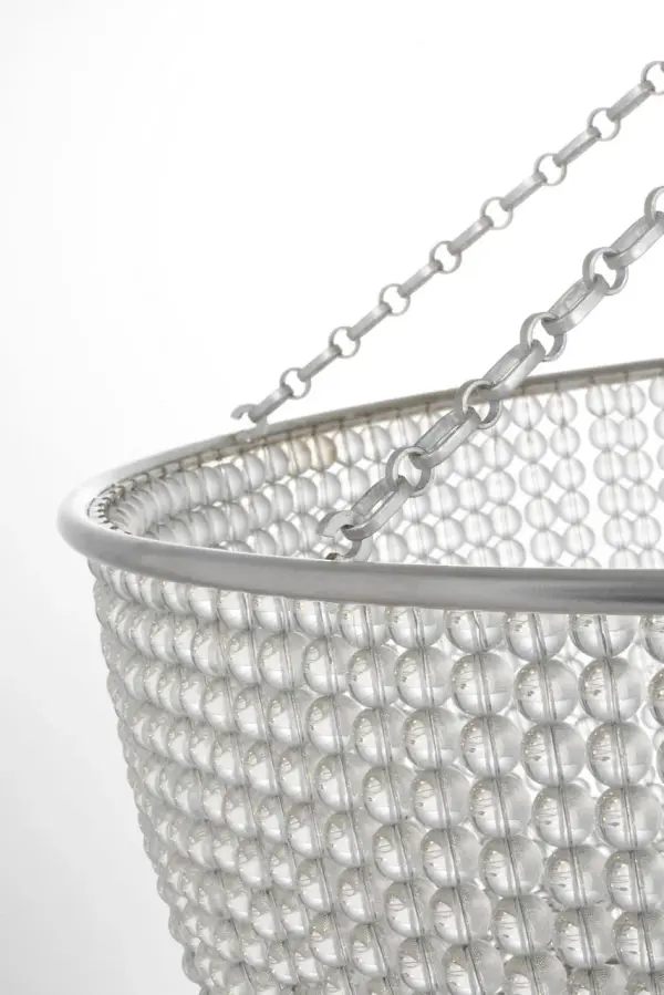 The Jacqueline 46" Basket Chandelier combines traditional basket weaving with refined silver leaf finish and clear glass accents. Its substantial 46-inch diameter makes it perfect for large dining rooms and grand entryways. - alternate view
