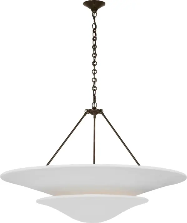 The Mollino chandelier combines substantial 40-inch scale with refined transitional design. Bronze metalwork paired with plaster white shades creates elegant contrast suitable for both traditional and contemporary interiors.