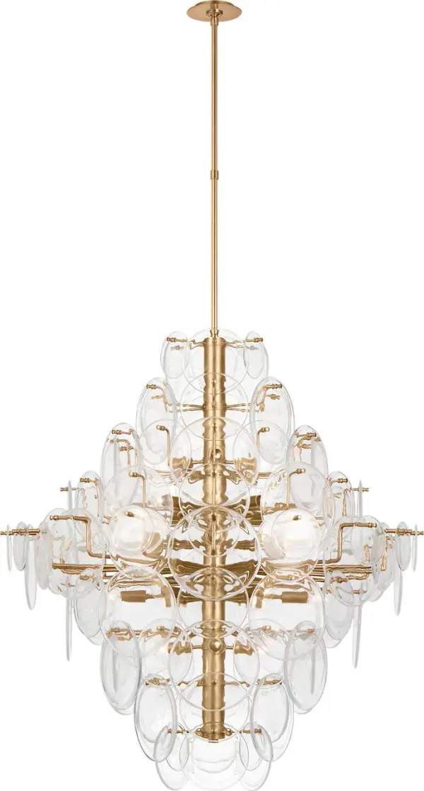 The Loire Grande Entry Chandelier brings sophisticated Italian design to expansive interiors. Hand-blown strié glass discs create an ethereal glow while the fluid cascading silhouette makes a dramatic statement in foyers and dining rooms.