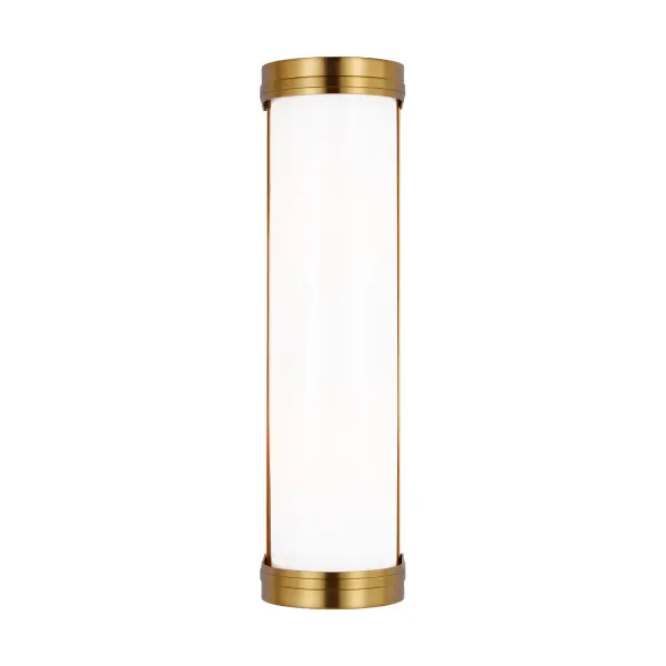 Designer Alexa Hampton reimagines neo-classical elegance with this tubular vanity fixture. The burnished brass finish and opal etched glass create a refined, timeless look that elevates bathroom and hallway spaces.