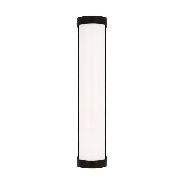 Alexa Hampton's Ifran vanity fixture brings sophisticated simplicity to bathroom lighting. The tubular silhouette in aged iron finish offers timeless appeal with modern energy efficiency, perfect for contemporary and transitional spaces.