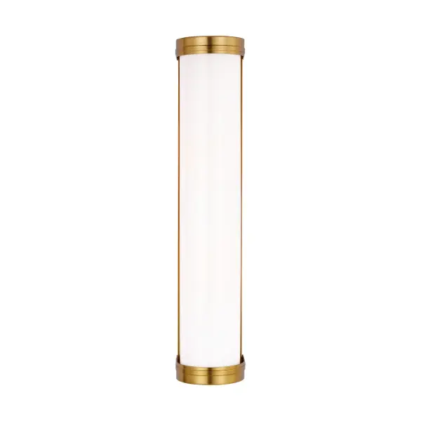 Designer Alexa Hampton reimagines neo-classic design with this tubular vanity fixture. The burnished brass finish and opal etched glass create a refined, energy-efficient lighting solution perfect for modern bathrooms.