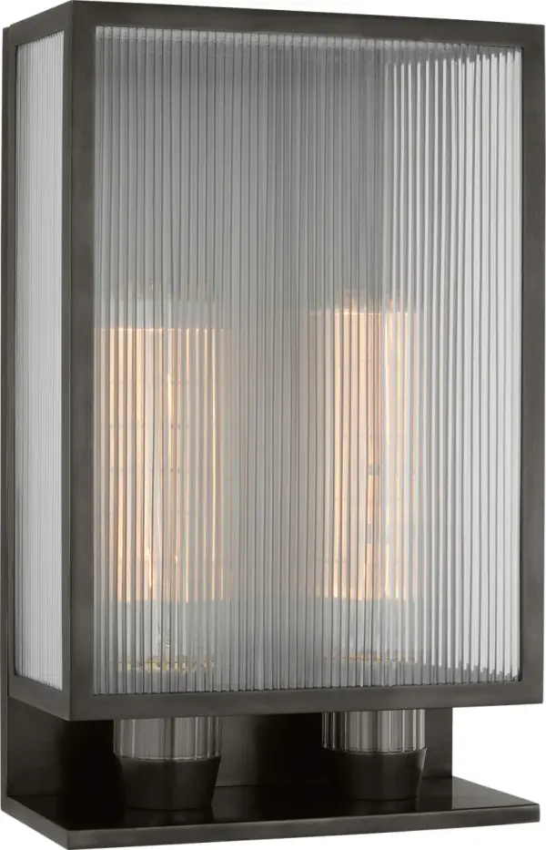 The York 16" Double Box Outdoor Sconce combines traditional craftsmanship with durable outdoor construction. Its clear ribbed glass panels and bronze finish create elegant illumination for entryways and exterior walls. - alternate view