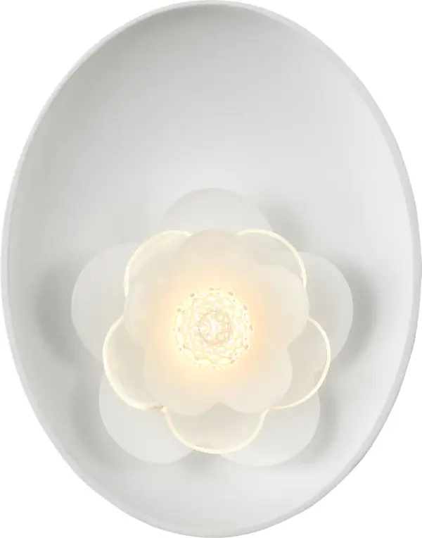 The Petaluma sconce features a distinctive etched glass flower design that adds organic beauty to any space. Its 7-inch reflector provides focused illumination while the matte white finish ensures versatile styling. - alternate view