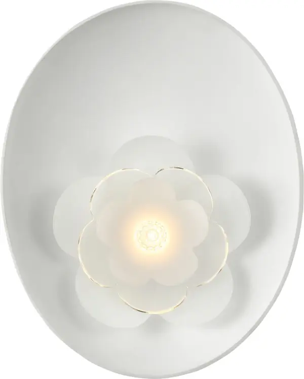 The Petaluma sconce features a distinctive etched glass flower design that creates beautiful ambient lighting. Its 13-inch reflector provides excellent illumination while the matte white finish offers versatile styling. - alternate view