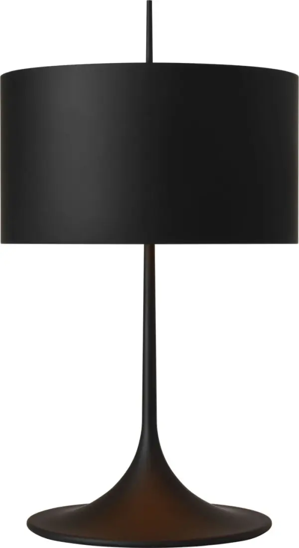 The Spinet table lamp features a distinctive trumpet-shaped base in matte black finish, creating a bold modern statement. At 26" tall, it provides ideal task and ambient lighting for living spaces and bedrooms.