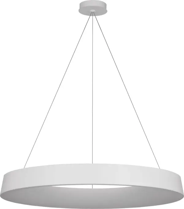 The Neptune chandelier makes a bold architectural statement with its 48-inch ring silhouette and uplight configuration. The matte white finish provides a clean, contemporary aesthetic that complements modern interiors while delivering ambient illumination.
